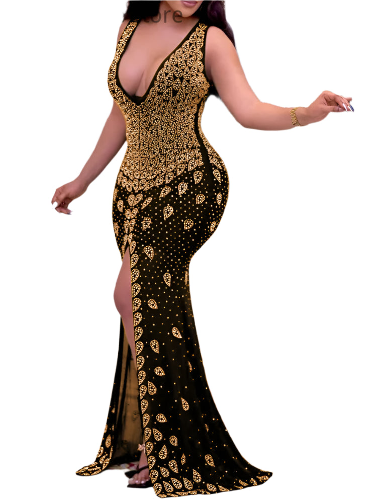 Women Sexy V-Neck Sheer Mesh Rhinestone Decor Mermaid Dress – Elegant Tight Fitting Party Gown