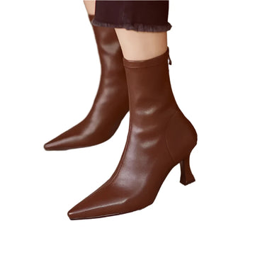 Women's Pointed Toe Brown Leather Ankle Boots - Stiletto Heels with Elastic Panels & Back Zipper