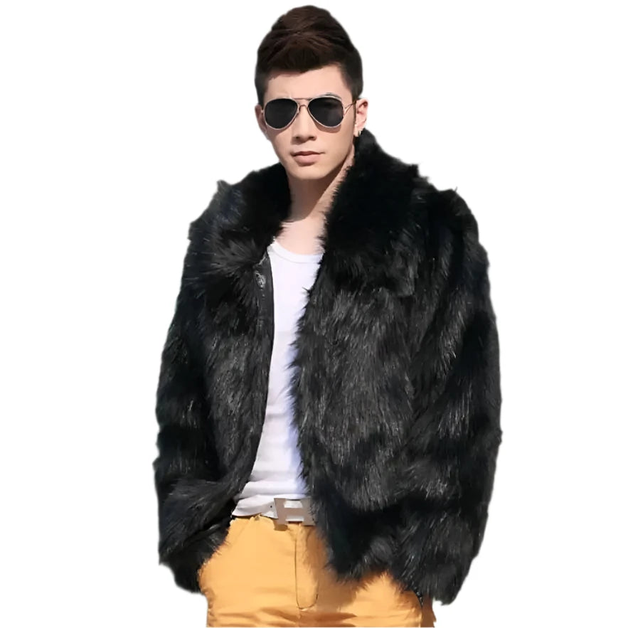 Men's Faux Leather Jacket - Casual Slim Fit Fashion Coat with Fox Fur Lapel in White and Black | Jaqueta Motoqueiro