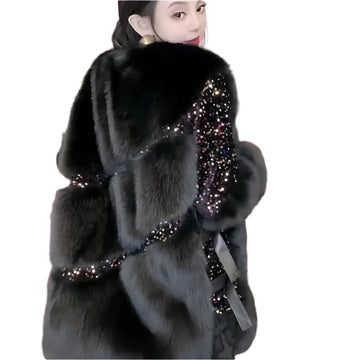 Women's Faux Fur Winter Coat - Loose Fit Turn-Down Collar Jacket with Sequins, Spliced Design, Covered Button Overcoat