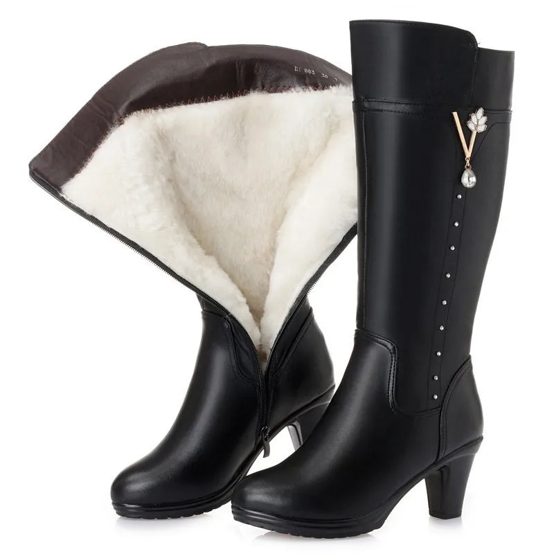 Women's Winter Genuine Leather High-Heeled Wool Boots - Warm Trendy Riding Boots