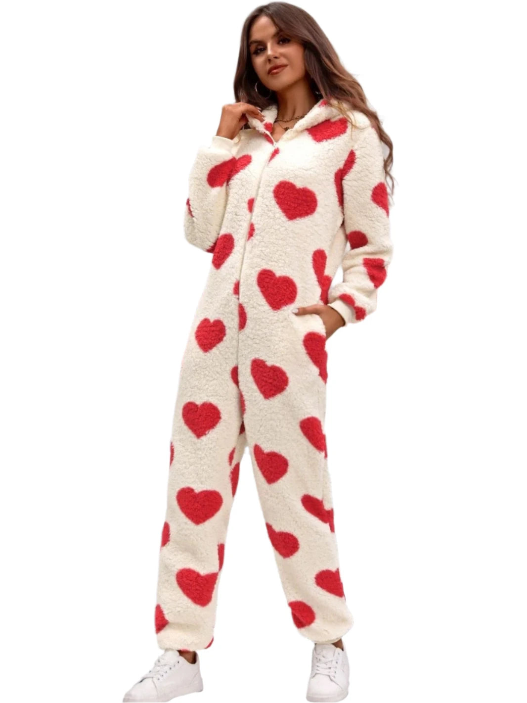 Women's Autumn & Winter Plush Love Print Hooded Jumpsuit - Valentine’s Day Casual Sleepwear & Homewear