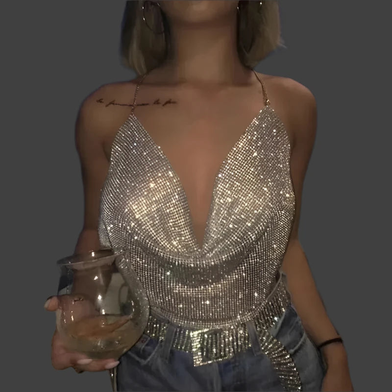 Women's Glitter Rhinestone Backless Crop Top - V-Neck Festival Party Tank, Summer Evening Metal Bralette