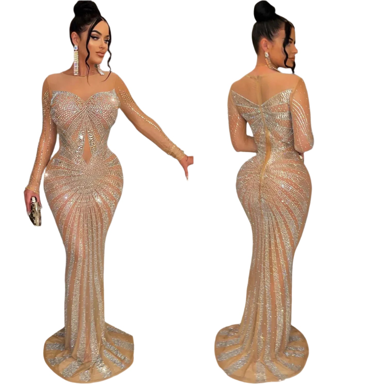 Women’s Mesh Bodycon Dress – Floor-Length Diamond White Sheath Gown with Splice Drilling Design, Elegant & Sexy Vestidos