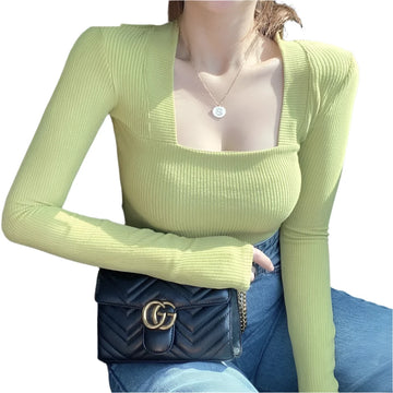 French Slim Fit Long-Sleeve T-Shirt - Sexy Square Neck Solid Color Top for Spring/Autumn