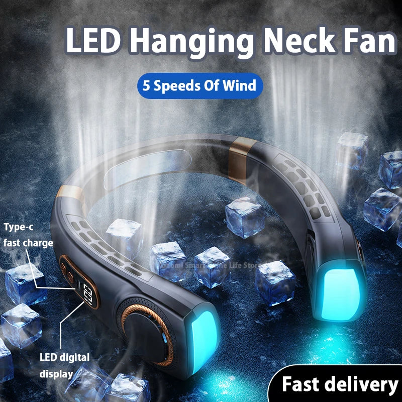 Upgraded Mini Hanging Neck Fan with Digital Display - Bladeless Rechargeable Portable Air Conditioner Neck Ventilator