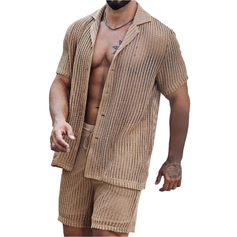 Men's Sexy Summer See-Through Polo Shirt & Cut-Out Shorts Set – Business Casual 2-Piece Tracksuit