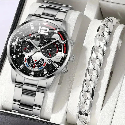 2pcs Luxury Men's Silver Quartz Watch with Stainless Steel Bracelet - Fashion Business Casual Luminous Watches