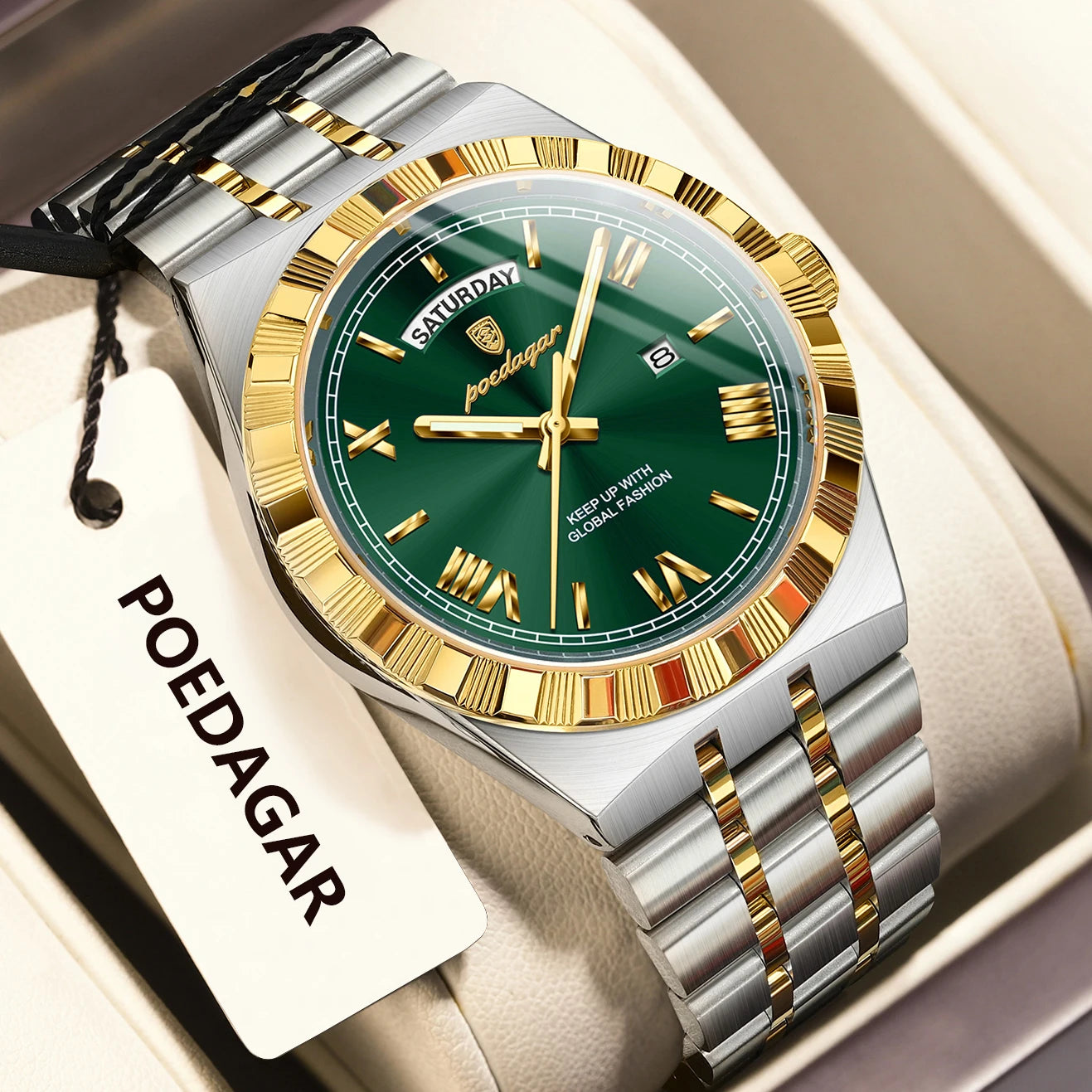 POEDAGAR Men’s Quartz Watch – Stainless Steel, Luminous, Waterproof, Week & Date Display, Business Wristwatch