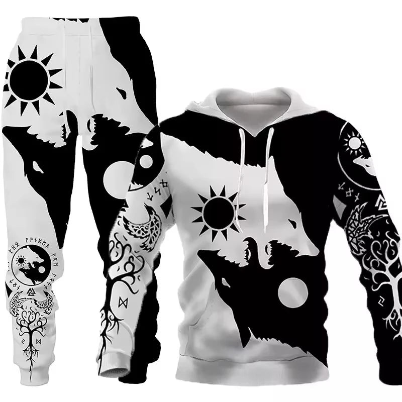 Men’s Vintage 3D Wolf Viking Tracksuit Set – Hoodie & Pants, Unisex Animal Print Sportswear Outfit
