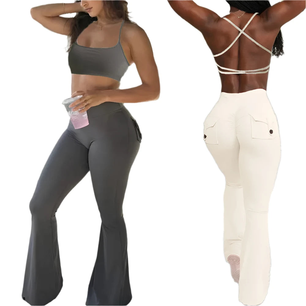 2024 Women’s High Waist Flare Leggings with Pockets - Wide Leg Yoga Pants, Button Detail, Gym & Latin Dance Fitness Trousers