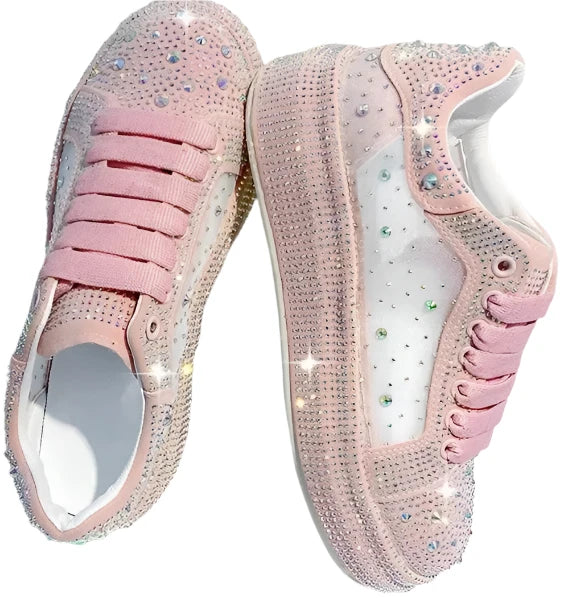 Women's Rhinestone Sparkle Sneakers – Luxury Platform Fashion Casual Shoes with Net Surface Design