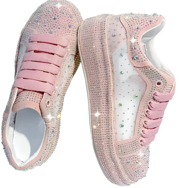 Women's Rhinestone Sparkle Sneakers – Luxury Platform Fashion Casual Shoes with Net Surface Design