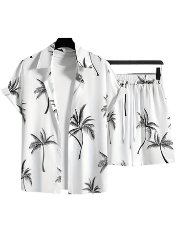 Visual Short-sleeved Shirt And Shorts Set Summer Men's White Shirt Set Palm Vacation CaPrint Hawaiian Style Shirt Beach Pants Set