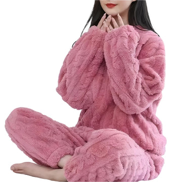 Women's Warm 2-Piece Velvet Ribbed Pajama Set - Soft Fleece Pullover & Pants, Cozy Autumn Winter Loungewear