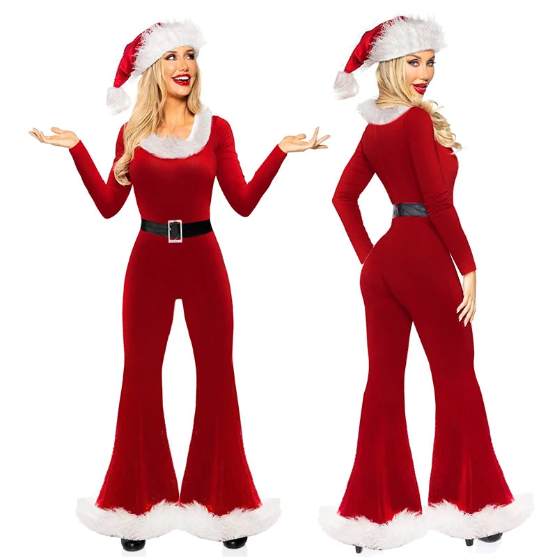 Women's Red Christmas Costume - Cute Long Sleeve Flared Jumpsuit & Santa Hat Set for Holiday Cosplay and Party Outfits