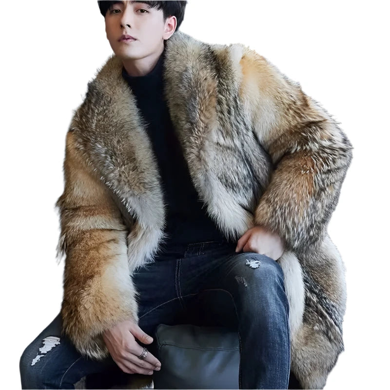 2025 Men's Long Wolf Fur Faux Mink Overcoat - Winter Loose Fit Trendy Warm Coat | Stylish Male Singer Stage Costume