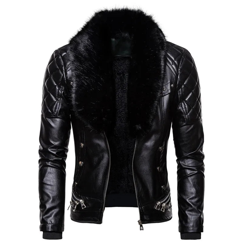 Men's Winter Fleece-Lined Motorcycle Jacket - Slim Fit PU Leather Bomber Coat with Turn Down Fur Collar | Warm Moto Biker Outerwear