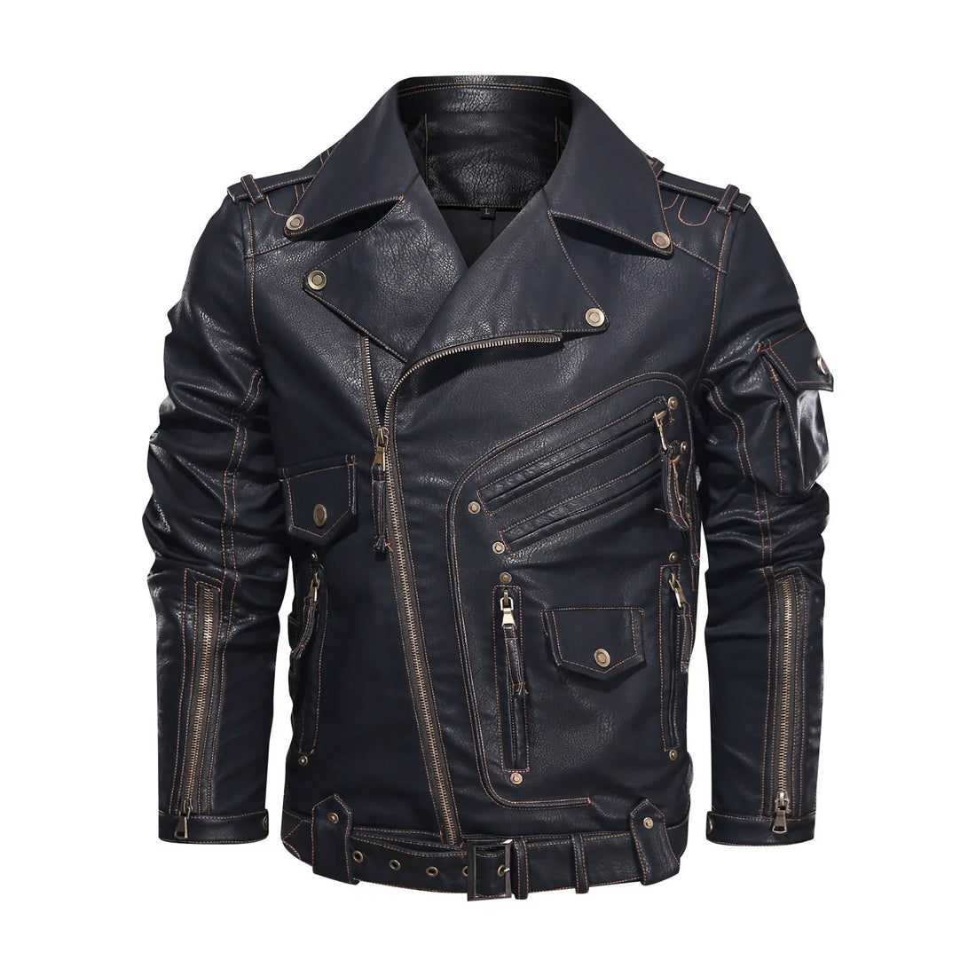 2024 Men's Multi-Pocket PU Leather Motorcycle Jacket - Hardman Style with Flip Collar for Spring & Autumn Wear