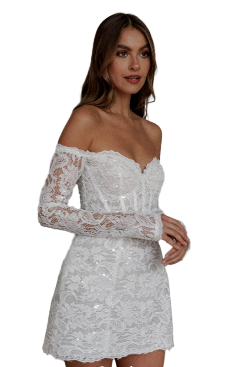 White Mini Party Dress with Heart Shaped Neckline, Lace Appliqué, Off-Shoulder Sleeves – Elegant Wedding, Prom, and Evening Dress