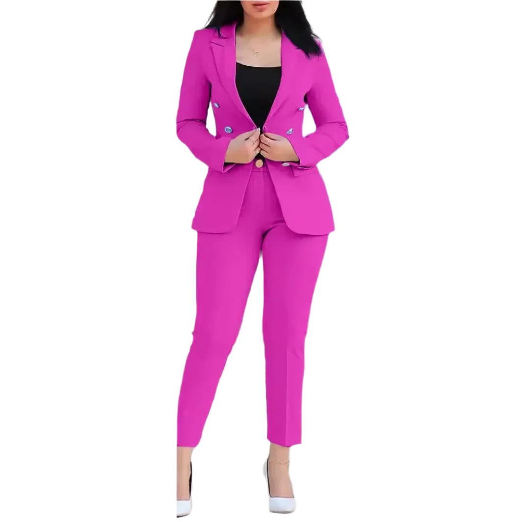 Women's Solid Color 2-Piece Office Set – Blazer Jacket & High-Waist Pencil Pants