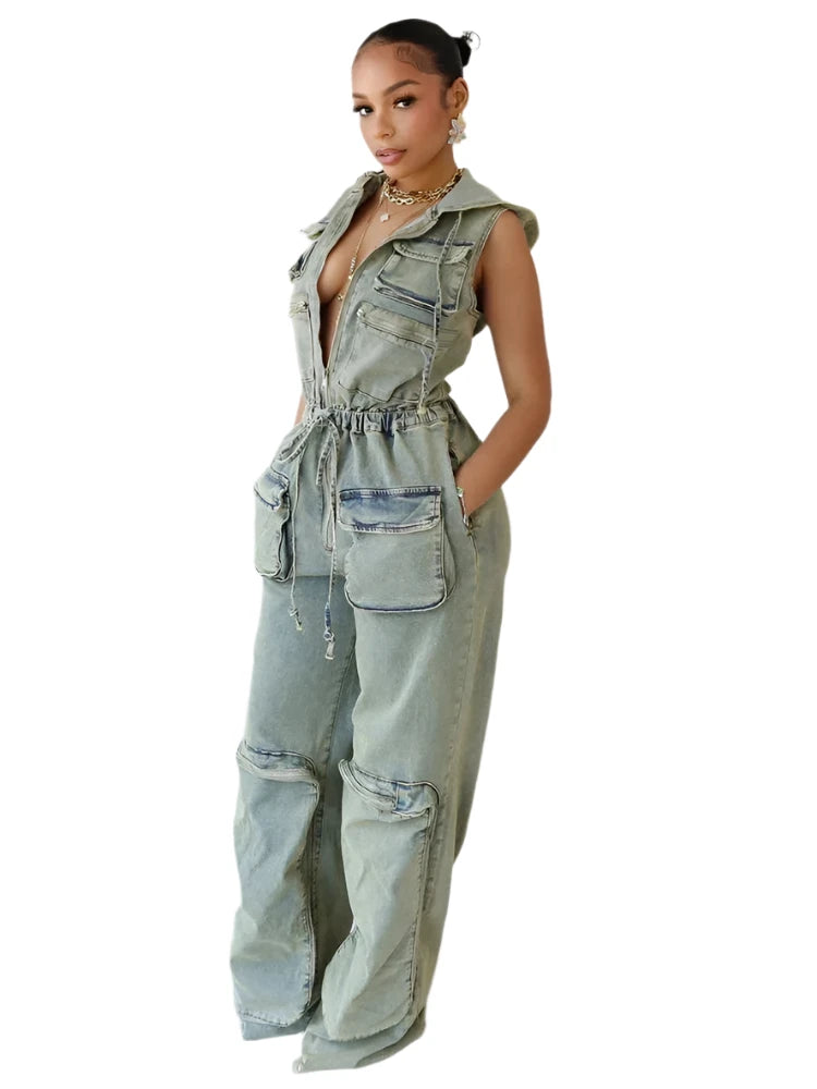 Vintage Denim Hooded Jumpsuit for Women – Stretch Jean Romper with Zipper Pockets, Drawstring Waist Streetwear Overalls