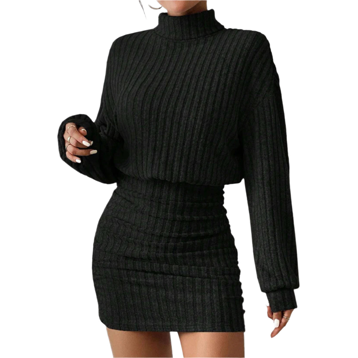 Autumn/Fall & Winter Casual Slim Knitted Dress for Women - High Neck Long Sleeve Plain A-Line Mini High Street Style