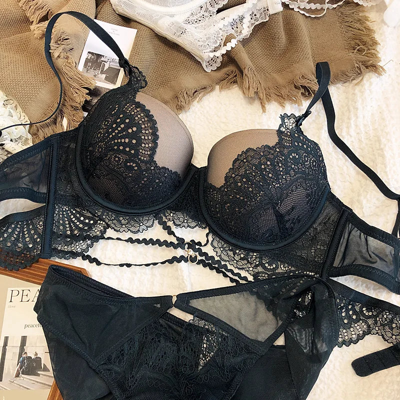 Lace Hollow Sexy Lingerie Set - Push-Up Bra & Bottom for Small Bust, Anti-Sagging, Thick Padded Underwear