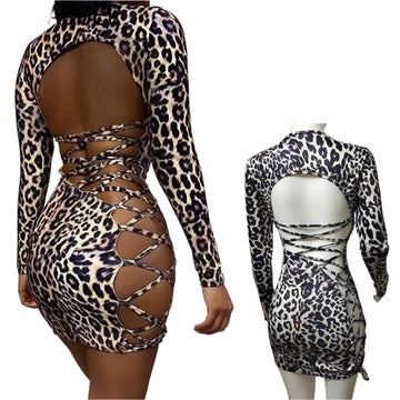 Sexy Leopard Print Backless Mini Dress for Women – Bandage Patchwork Bodycon Party Clubwear Vestidos