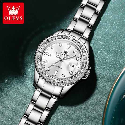 OLEVS Original Diamond Dial Quartz Watch for Women: Fashionable and Elegant Ladies' Stainless Steel Waterproof Wristwatch