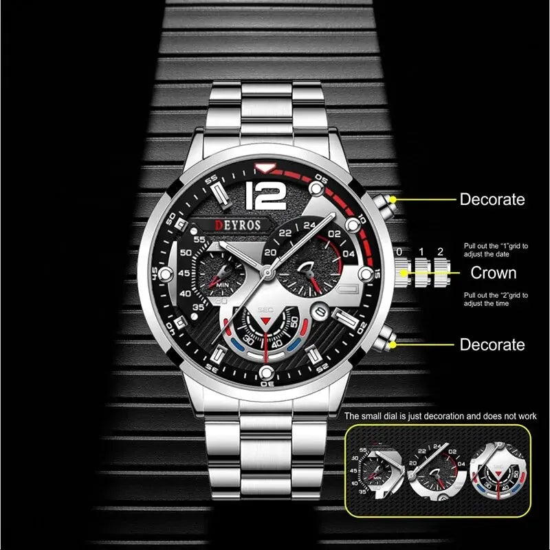 2pcs Luxury Men's Silver Quartz Watch with Stainless Steel Bracelet - Fashion Business Casual Luminous Watches