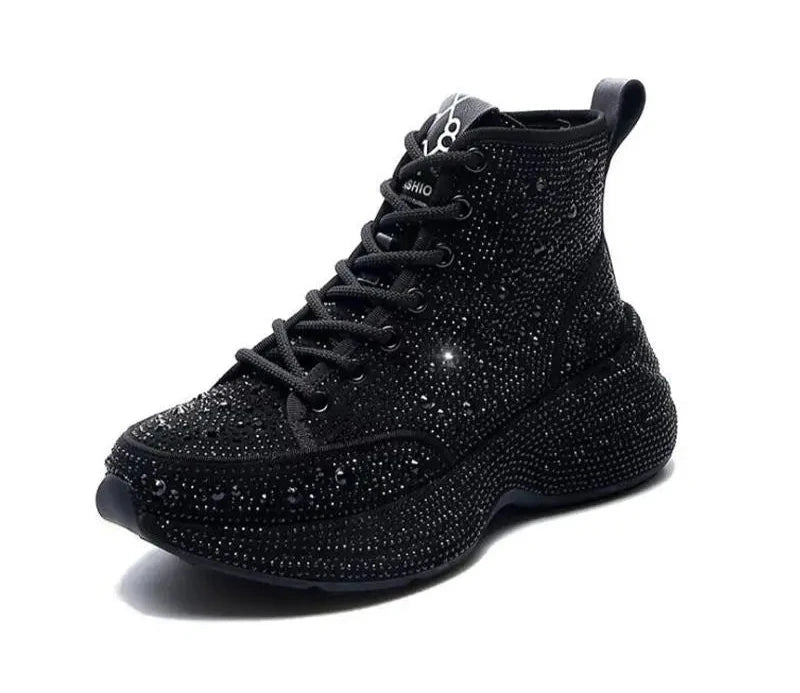 Shiny Rhinestone Thick Sole Ankle Boots - Women's Short Autumn/Winter Booties