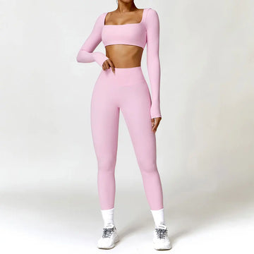 Women's 2PCS Tracksuit Yoga Set – Long Sleeve Crop Top & High-Waist Leggings | Athletic Workout Sportswear for Gym & Fitness