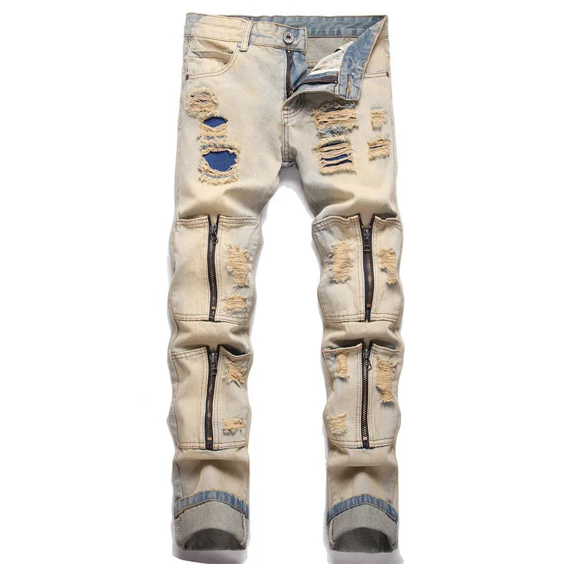 New Men's Punk Ripped Denim Jeans - Multi-Pocket Zipper Mid-Waist Casual Pencil Pants