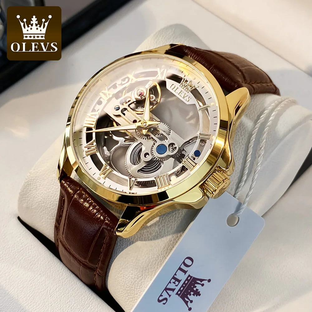 OLEVS Men's Skeleton Automatic Mechanical Watch – Full Transparent Flywheel Design, Leather Strap, Luxury Original Wristwatch