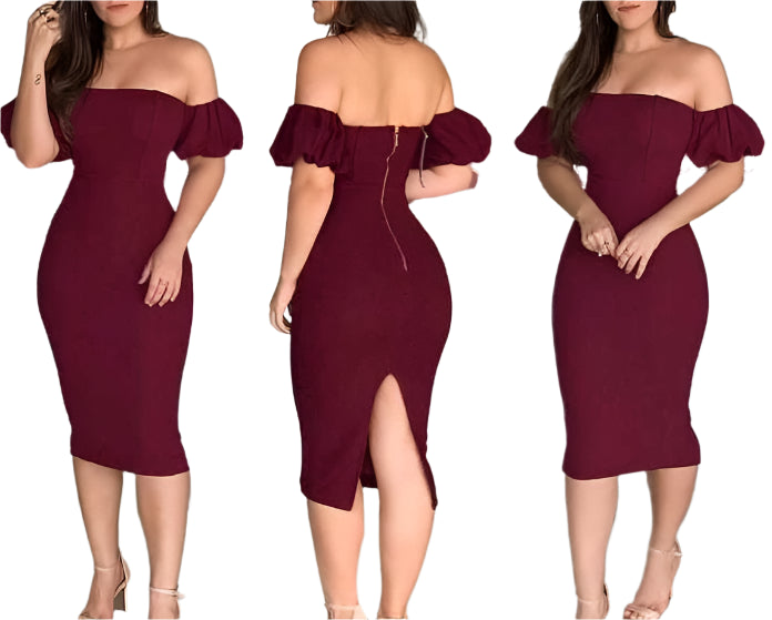 Wine Red Off-Shoulder Bubble Sleeve Dress - Sexy Elegant Evening Party Skinny Dress for Women, Summer Casual Fashion