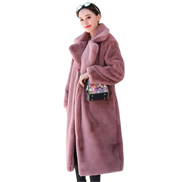 Women's Winter Faux Rabbit Fur Coat – Luxury Long Plush Overcoat, Thick Warm Lapel Jacket, Loose Fit Plus Size