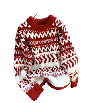 Women's Red Christmas Sweater - Thickened Retro Loose Fit Outerwear, Stylish and Cozy for Autumn Winter