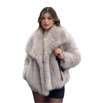 Luxury Gradient Faux Fox Fur Coat for Women – 2024 Winter Fashion with Big Fur Collar, Fluffy High Street Overcoat