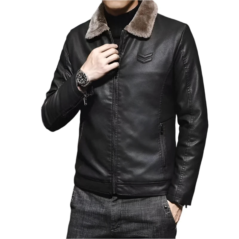 Men's Vintage Brown Leather Jacket - Winter Windproof Coat with Faux Fur Collar | Luxury Fashion Chaqueta de Cuero Hombre