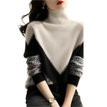 Women's Autumn & Winter Contrast Color High Neck Long Sleeve Knitted Sweater – Casual Loose Fit Korean Fashion Jumper Top