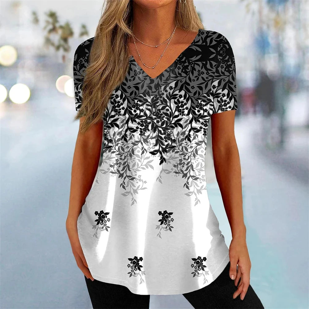 Women's Trendy Short Sleeve T-Shirt with 3D Flower Print - V-Neck, Stylish Streetwear