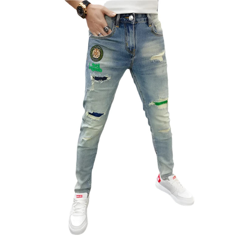 Vintage Men’s Skinny Ripped Jeans – High-Quality Spliced Embroidery Denim Pants for Hip-Hop Streetwear