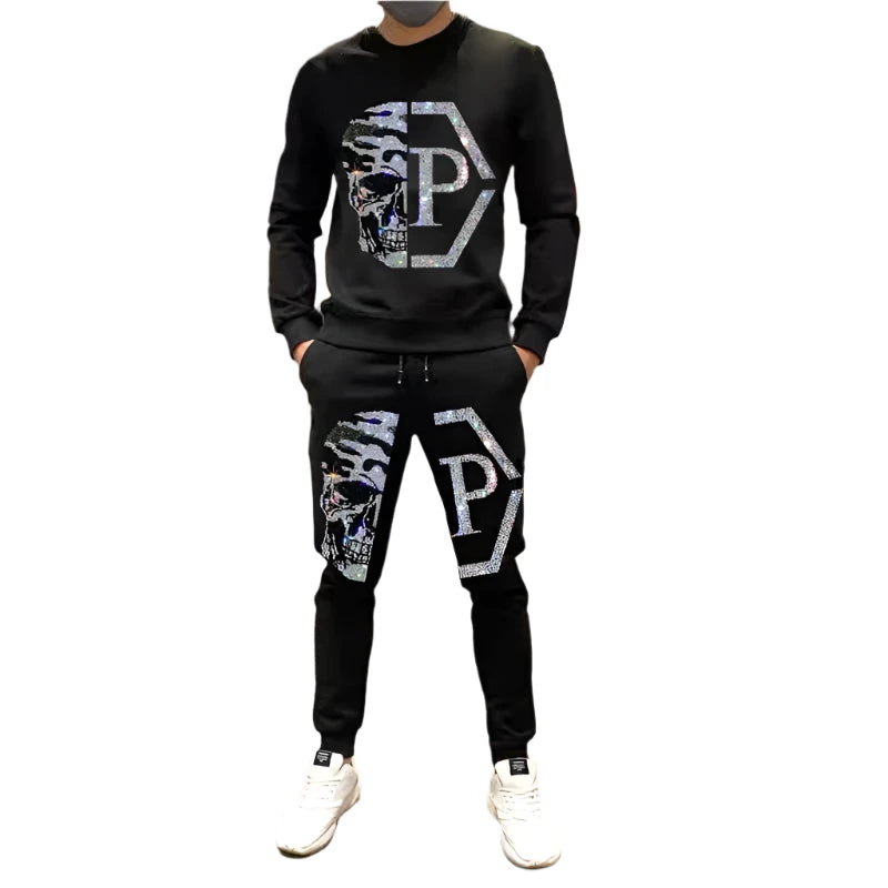 Men's Two-Piece Rhinestone Tracksuit – Hot Drill Hoodie and Pants Casual Sportswear Set