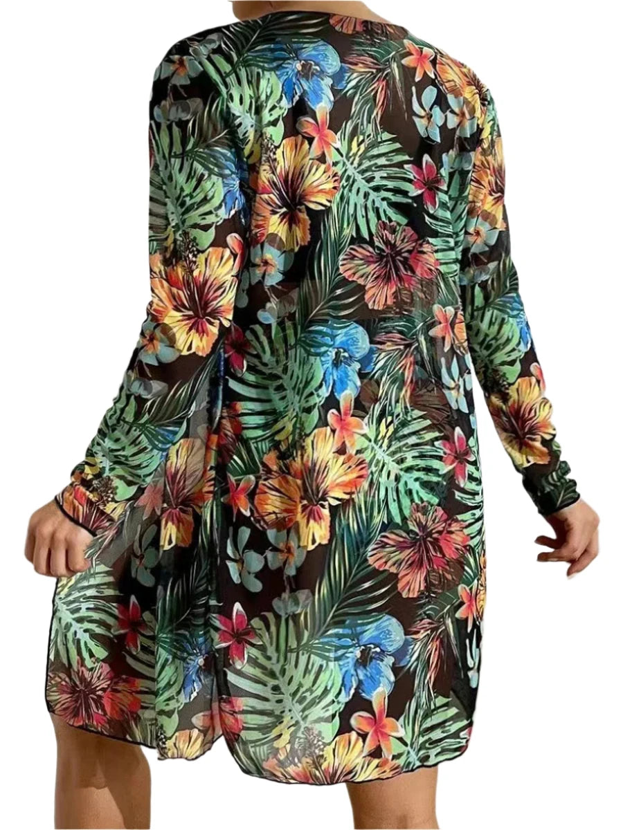 Tropical Print Sexy 3-Piece Bikini Set for Women - Push-Up Swimsuit with Cover-Up & Long Sleeve Beachwear