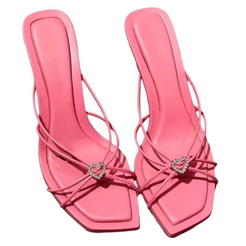 Heart-Shaped Crystal Stiletto Sandals – Sugar Pink, Square Toe, Open Heel, Strappy High Heels for Summer Socialites