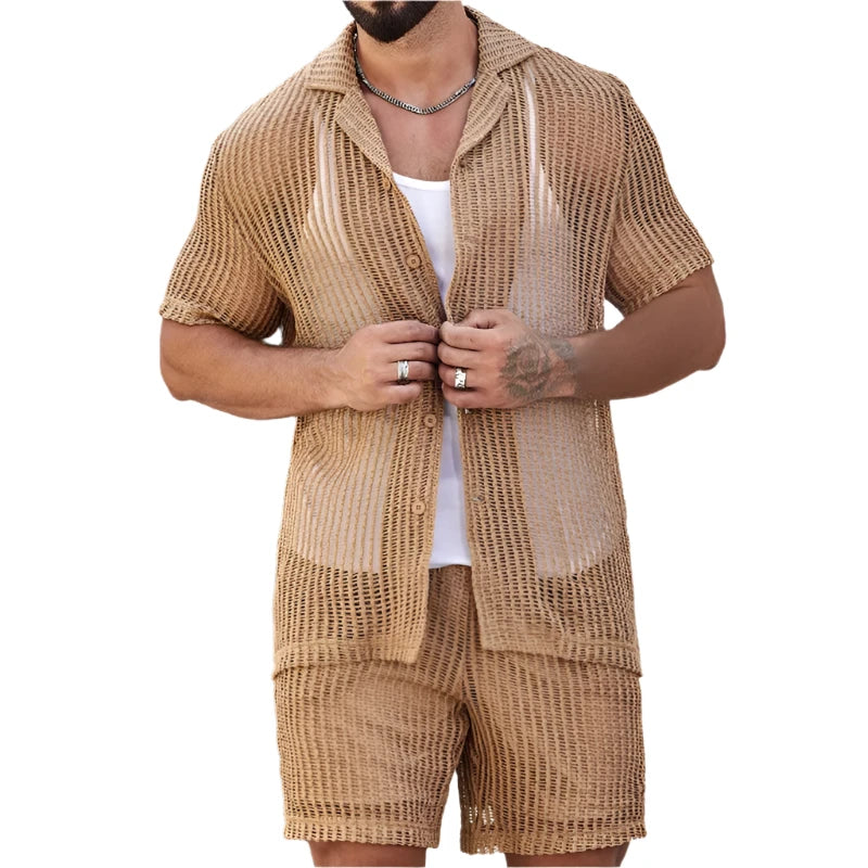 Men's Sexy Summer See-Through Polo Shirt & Cut-Out Shorts Set – Business Casual 2-Piece Tracksuit