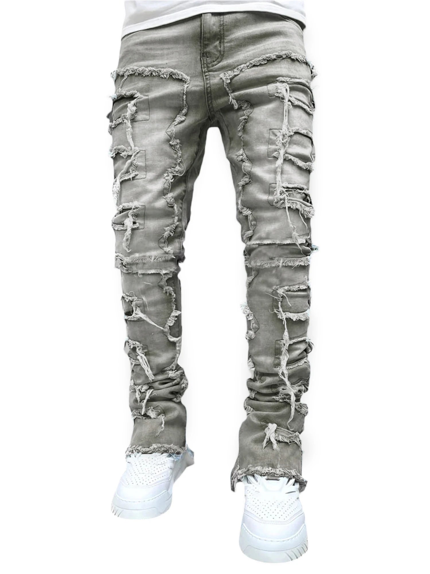 Men's Vintage Skinny Denim Pants - Frayed Patch Casual Trousers with Pockets for Spring & Fall