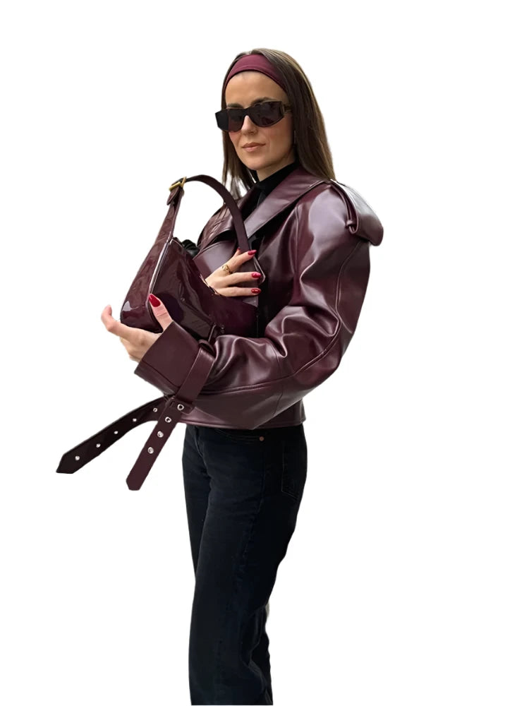 Women's Cherry Red Leather Jacket – Slim Fit, Cropped Lapel Coat, Long-Sleeve Fashion Outerwear for Street Party Style 2024