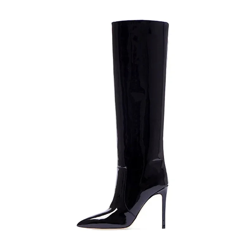 Autumn/Winter Knee-Length Women's Boots - High Heel, Pointed Toe, Patent Leather, Fashion Style, Large Sizes 43